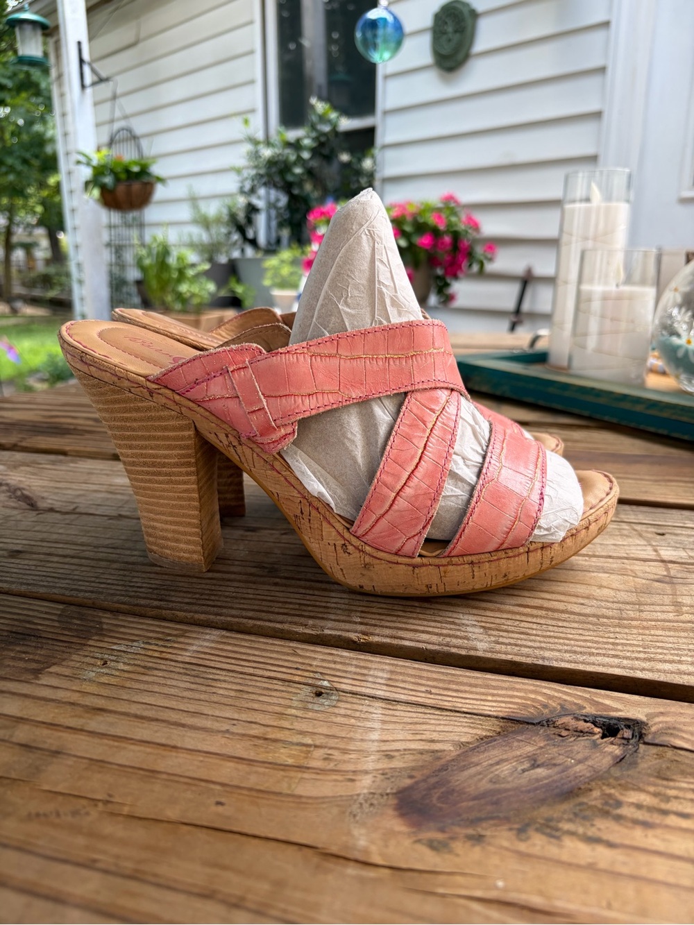 Born Coral and Cream Leather Cork-Stack Heel Mules - Picture 4 of 7